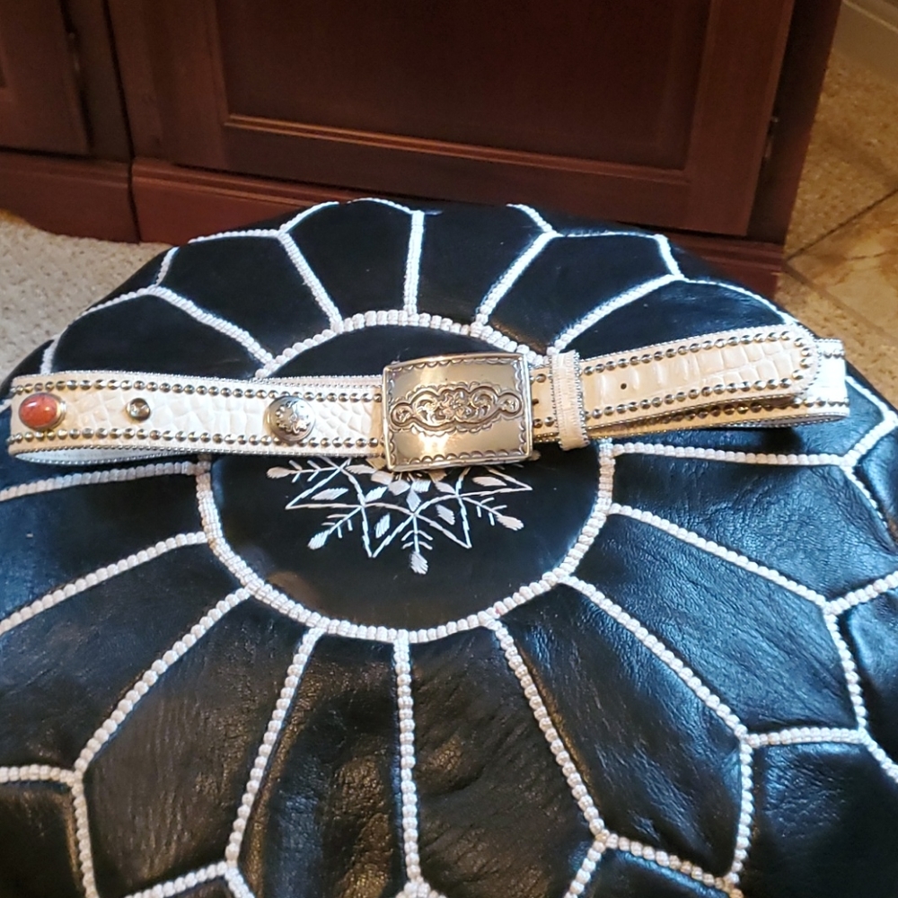 Vintage Beautiful Coral Turquoise, Sterling Silver Buckle White Leather Belt.